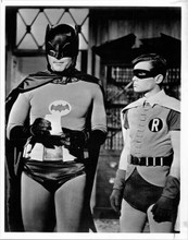 Batman TV series 8x10 photo Adam West & Burt Ward look at print out in Batcave
