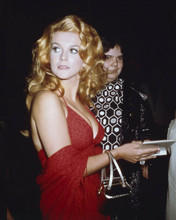 Ann-Margret 1960's in red dress shows off cleavage signing autograph 8x10 photo