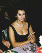 Sophia Loren exudes glamour in low cut black dress & diamond necklace 8x10 photo