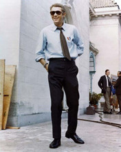 Steve McQueen on 1968 Bullitt set smiling wearing shirt & sunglasses 8x10 photo