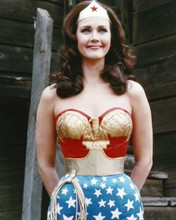 Lynda Carter hands behind back as Wonder Woman smiling 8x10 inch photo