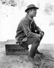 Paul Newman as Butch Cassidy on set sitting on box of dynamite 8x10 inch photo
