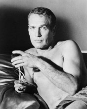 Paul Newman holds wine glass bare chest in bed Towering Inferno 8x10 inch photo