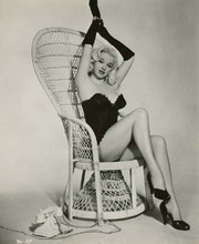 Diana Dors pin-up in black corset seated on chair 1950's 8x10 inch photo