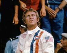 Steve McQueen looks up wearing racing outfit 1970 Le Man 8x10 inch photo