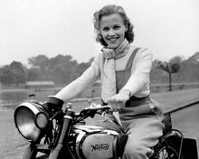 Honor Blackman smiles as she sits on Norton motorbike circa 1950's 8x10 photo