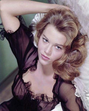 Jane Fonda reclining on bed in black lace dress 1960's era glamour 8x10 photo