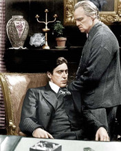 The Godfather Marlon Brando stands by seated Al Pacino in study 8x10 inch photo