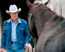 Robert Redford in denim jacket apporaches horse The Horse Whisperer 8x10 photo