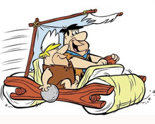The Flintstones Barney and Fred ride in The Flintmobile 8x10 inch photo