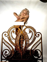 Jayne Mansfield kneeling on vintage bed stunning pin-up 8x10 inch photograph
