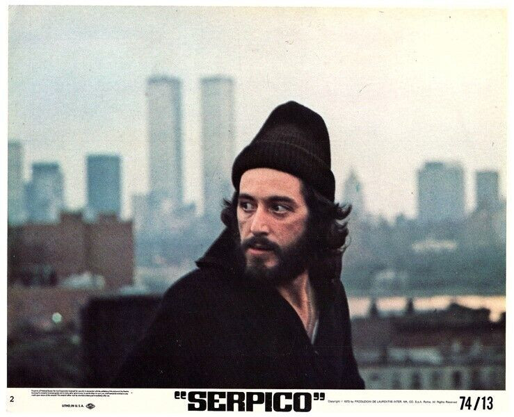 Serpico 1973 Al Pacino against New York Twin Towers behind him