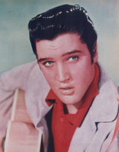Elvis Presley 1950's portrait in red shirt and jacket holding guitar 8x10 photo