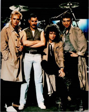 Queen Freddie Brian Roger and John stand by drum kit 1980's era 8x10 inch photo