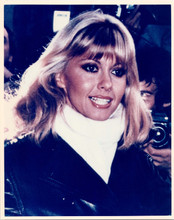 Olivia Newton John in black leather jacket 1980's at press call 8x10 inch photo