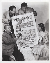 The Three Stooges pose with promotional poster and girl 8x10 inch photo