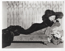 Mae West lies on chaise-longue in black dress and hat 8x10 inch photo