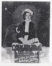 Shirley Temple in Santa Claus outfit poses by chimney Christmas scene 8x10 photo