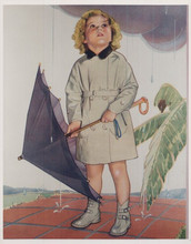 Shirley Temple vintage 8x10 color photo posing with umbrella in raincoat
