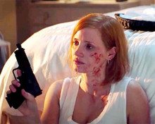Jessica Chastain on floor by bed holding gun 2020 movie Ava 8x10 inch photo