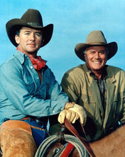 Dallas Patrick Duffy & Larry Hagman in the saddle Bobby & J.R. 8x10 inch photo