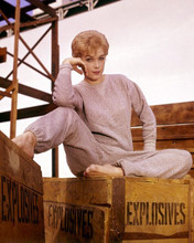 Stella Stevens in grey sweat outfit sits on box of explosives 1960's 8x10 photo