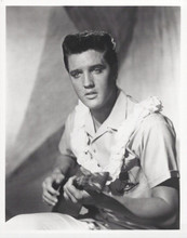 Elvis Presley Blue Hawaii lei around neck vintage 8x10 inch photo strums guitar