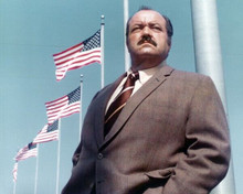 William Conrad classic portrait as Cannon standing by American flags 8x10 photo
