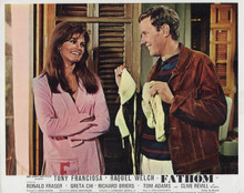Fathom 1967 Raquel Welch laughs as Richard Briers holds her bikini up 8x10 photo