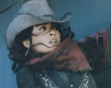 Salma Hayak poses in blue hat and denim shirt vintage 8x10 inch photo