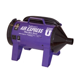 The miniature version of our popular Air Express III blower. Equipped with a single high powered, high efficiency motor. The power will surprise you! Only draws 11 amps of electricity. Includes the patented aerodynamic funnel front end cap design for more air velocity and the unique patented cartridge filter system. Includes supplemental heat booster to increase air temperature for faster drying. Available in all standard colors. Ideal for the small animal or pet exhibitor.  Also handy for a variety of miscellaneous uses including blow drying the water droplets off of motorcycles.  Mini Blower comes with a 15' hose.