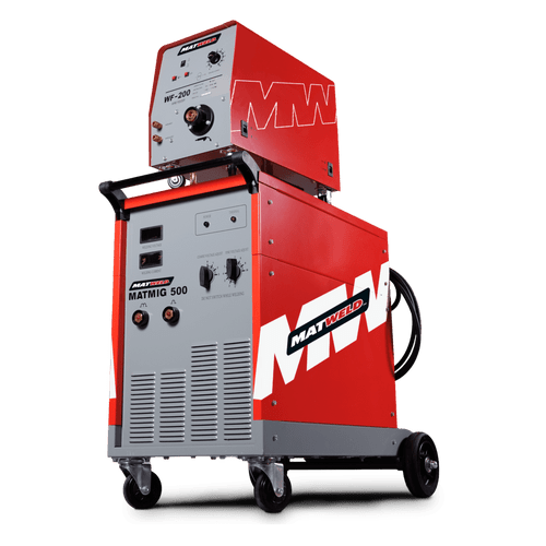 he Matweld 500 MIG is a fully Industrial Silicone rectifier type welder.
Suitable for Heavy Duty applications, with a 110-540amp range with 30 setting Step Controlled Transformer Technology.