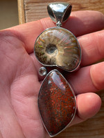 Ammonite, Dinosaur bone & Champagne Topaz set in silver (1114003)