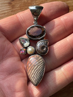 Print stone, Topaz, Pearl, Ammonite & Gold Labradorite set in silver (1114004)