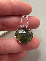 Moldavite Heart with Ruby set in silver (1114532)