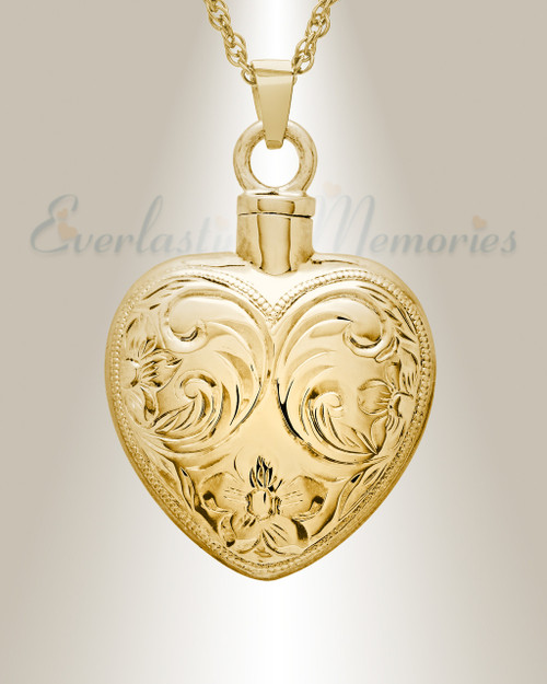 Exquisitely crafted solid 14 karat gold spirit heart cremation remains