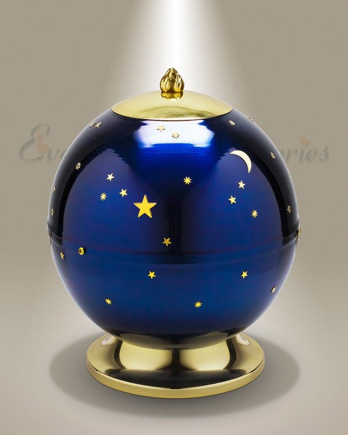 To the Moon cremation urn in blue and gold tones to hold ashes