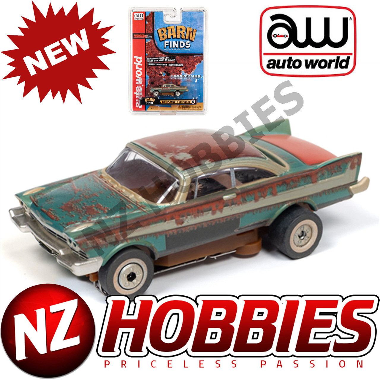 AUTO WORLD SC345 BARN FINDS 1958 PLYMOUTH BELVEDERE THUNDERJETS 1/64 SHOT CAR 