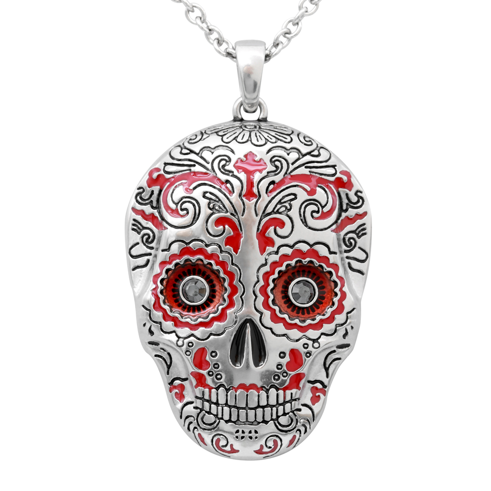 Red Sugar Skull Necklace with Swarovski Crystals - Muerte Roja