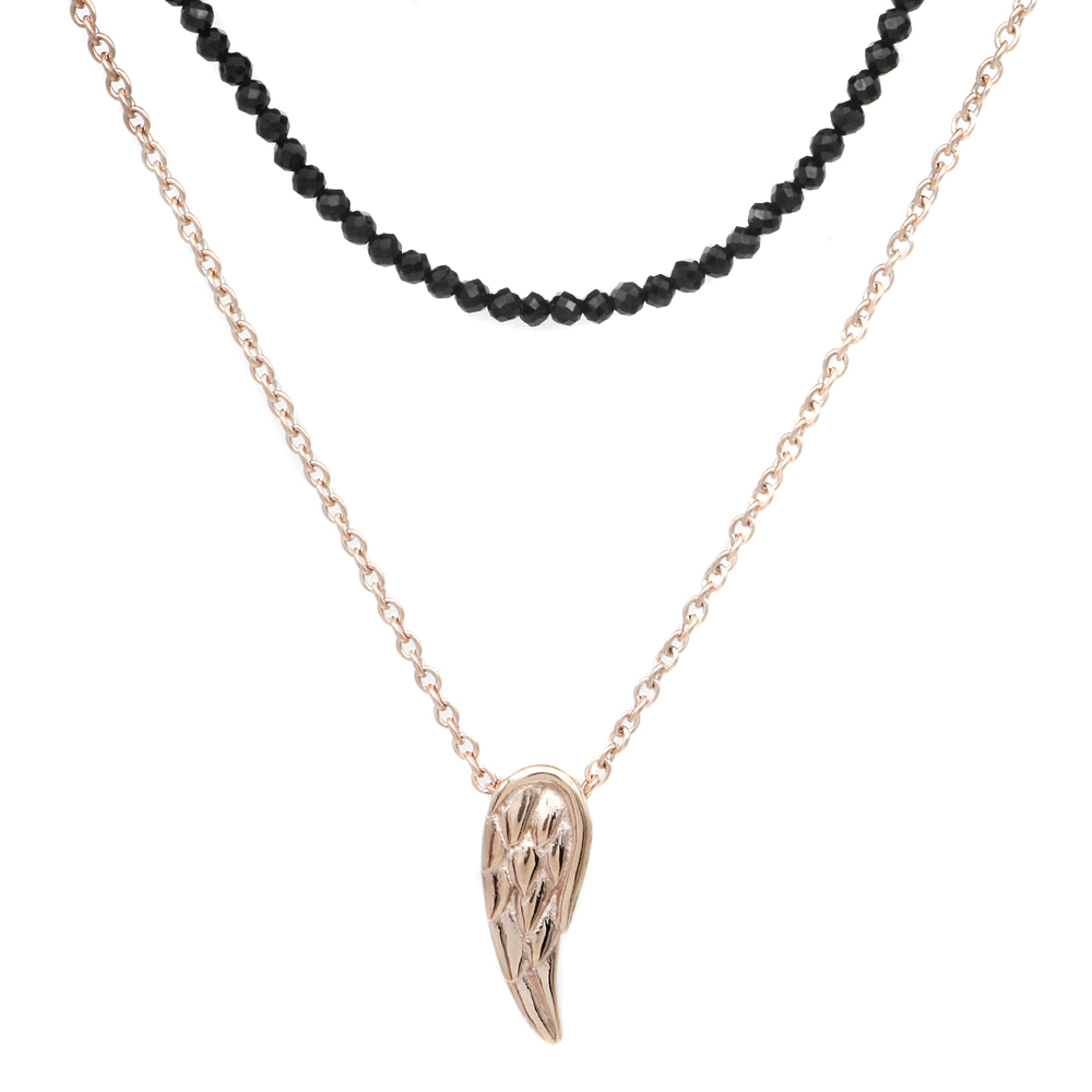Black Spinel Beaded Rose Gold Plated wing double chain necklace
