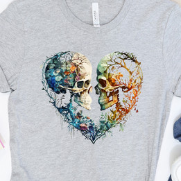 Dual Skull T-Shirt: Heart Embrace Design Tee, Heart T-Shirt, Gift for her, Gothic Graphics Shirt