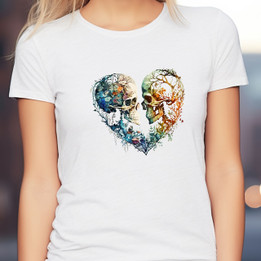 Women's Dual Skull T-Shirt: Heart Embrace Design Tee, Heart T-Shirt, Gift for her, Gothic Graphics Shirt