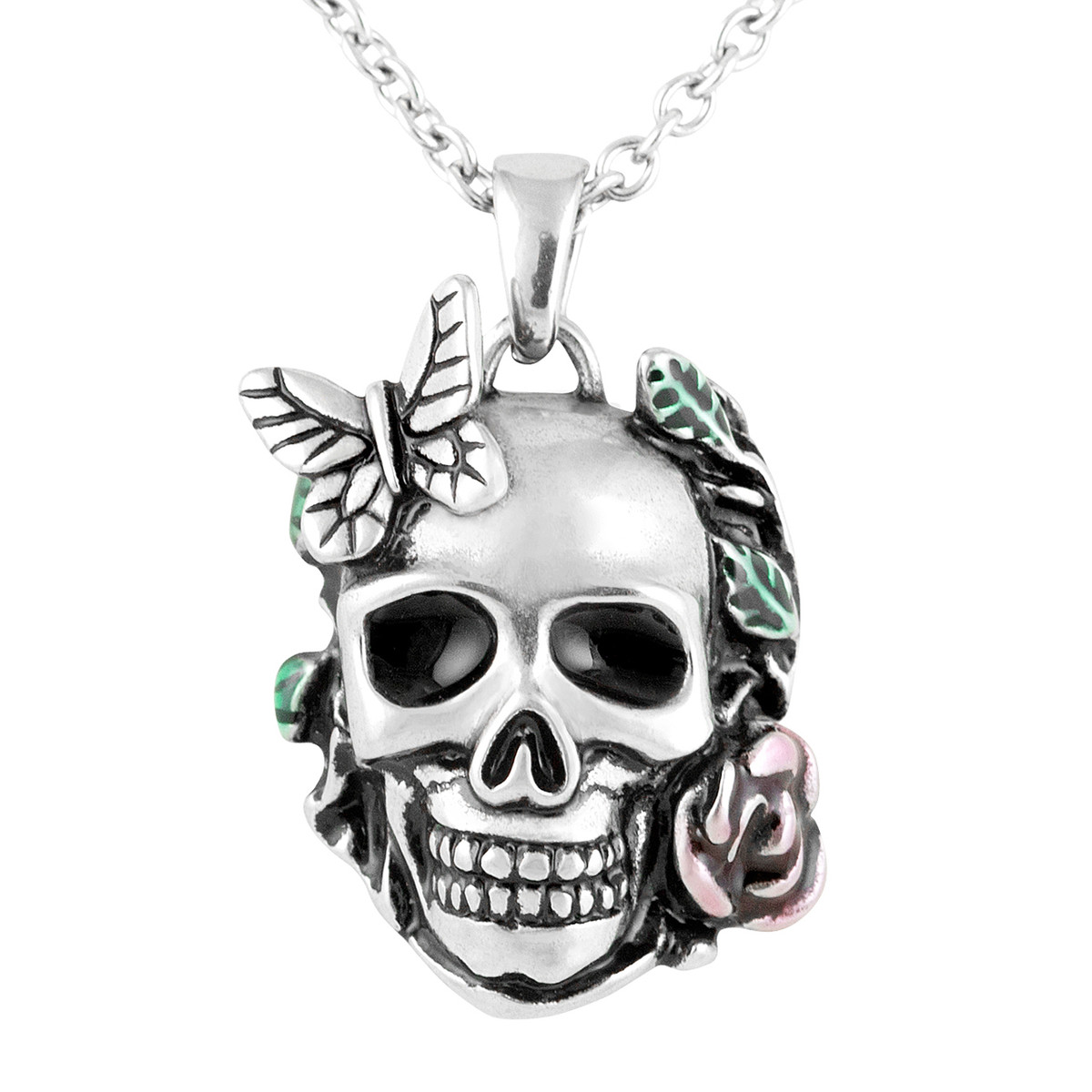 Rose Butterfly Skull Pendant Necklace 