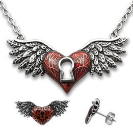 Heart Necklace & Earrings Set Red Winged Heart with Keyhole