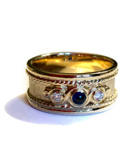 9ct Gold, Cab Sapphire & Diamond Ring