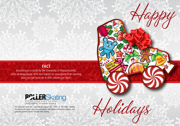 These holiday cards are perfect for printing up your own message on the inside.  Cover is a roller skate filled with holiday icons and the messages Happy New Year and Merry Christmas.  Back of card includes a roller skating fact.  Inside is blank.  Holiday card template for printing purposes is available upon request.  Size: 5" x 7".  Pack of 50 with envelopes. 