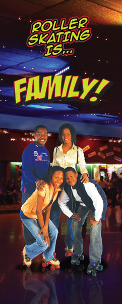 Roller Skating is Family Banner (#RSABAN1)
Display your roller skating pride throughout your rink, at local events, or during school field trips and parties. Each roll up banner stands 83" tall x 33.5" wide and is attached to a sturdy, silver metal base and pulls out. Comes with a black carrying case for secure transportation and storage.

Get individual banners or buy the set: "Roller Skating is Family", Roller Skating is Fitness" and Roller Skating is Fun".

The banner you are purchasing here is the FAMILY banner.