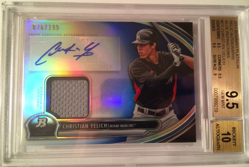 2013 Bowman Platinum Blue Refractor CHRISTIAN YELICH Rookie RC AUTO Jersey BGS 9.5 Gem Mint