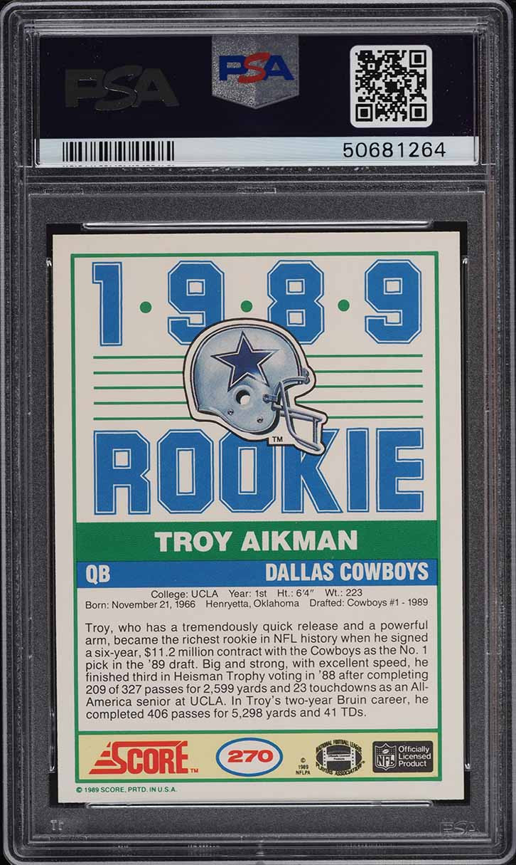 1989 SCORE FOOTBALL TROY AIKMAN ROOKIE RC #270 PSA 9 MINT