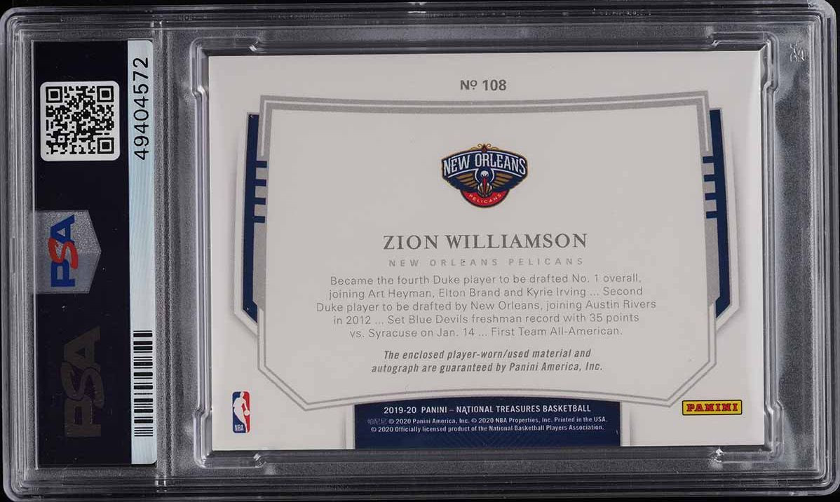 2019 NATIONAL TREASURES ZION WILLIAMSON RPA RC PATCH AUTO /75 #108